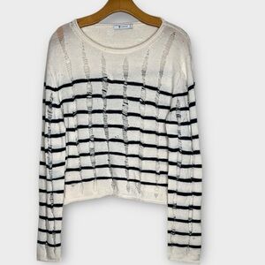 T Alexander Wang Nautical Striped Grunge Shredded Wool Sweater Ivory Blue LARGE